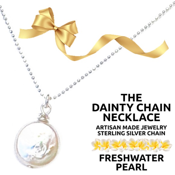 Island Sunset Artisan-Dainty Chain Necklace-Freshwater Pearl Pendant .925
